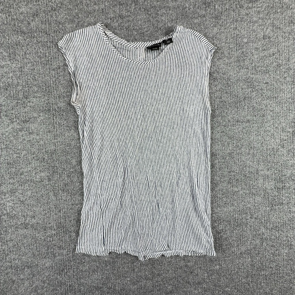 Tahari Blouse Womens Small Blue White Striped Linen Button Back Cap Sleeve